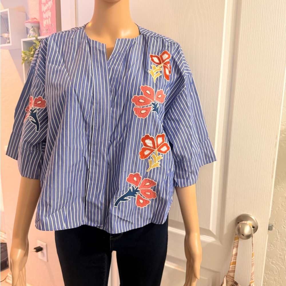 Blue Striped Floral Women's Top